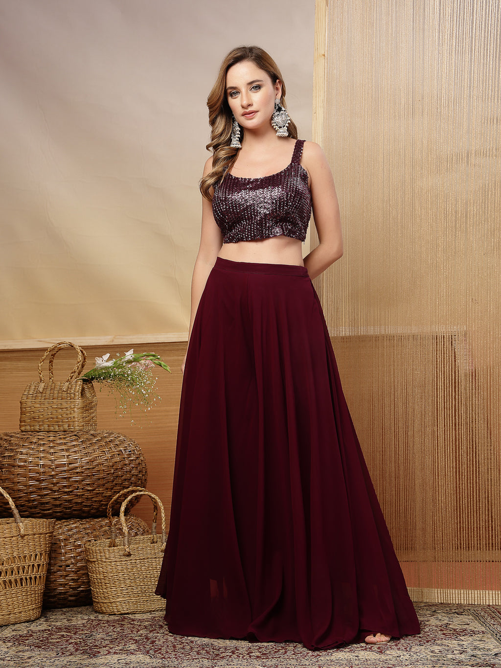 Women's Wine Solid & Embroidered Georgette Co-Ord Set