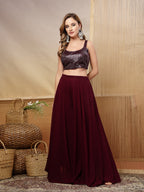 Women's Wine Solid & Embroidered Georgette Co-Ord Set
