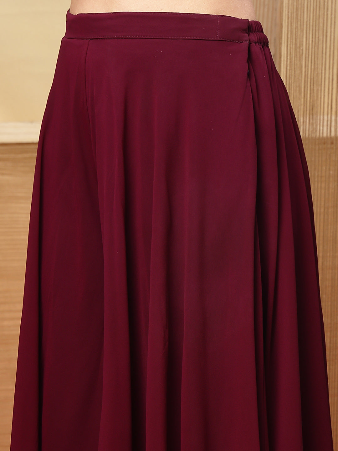 Women's Wine Solid & Embroidered Georgette Co-Ord Set