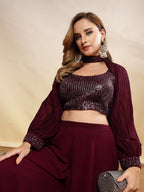 Women's Wine Solid & Embroidered Georgette Co-Ord Set
