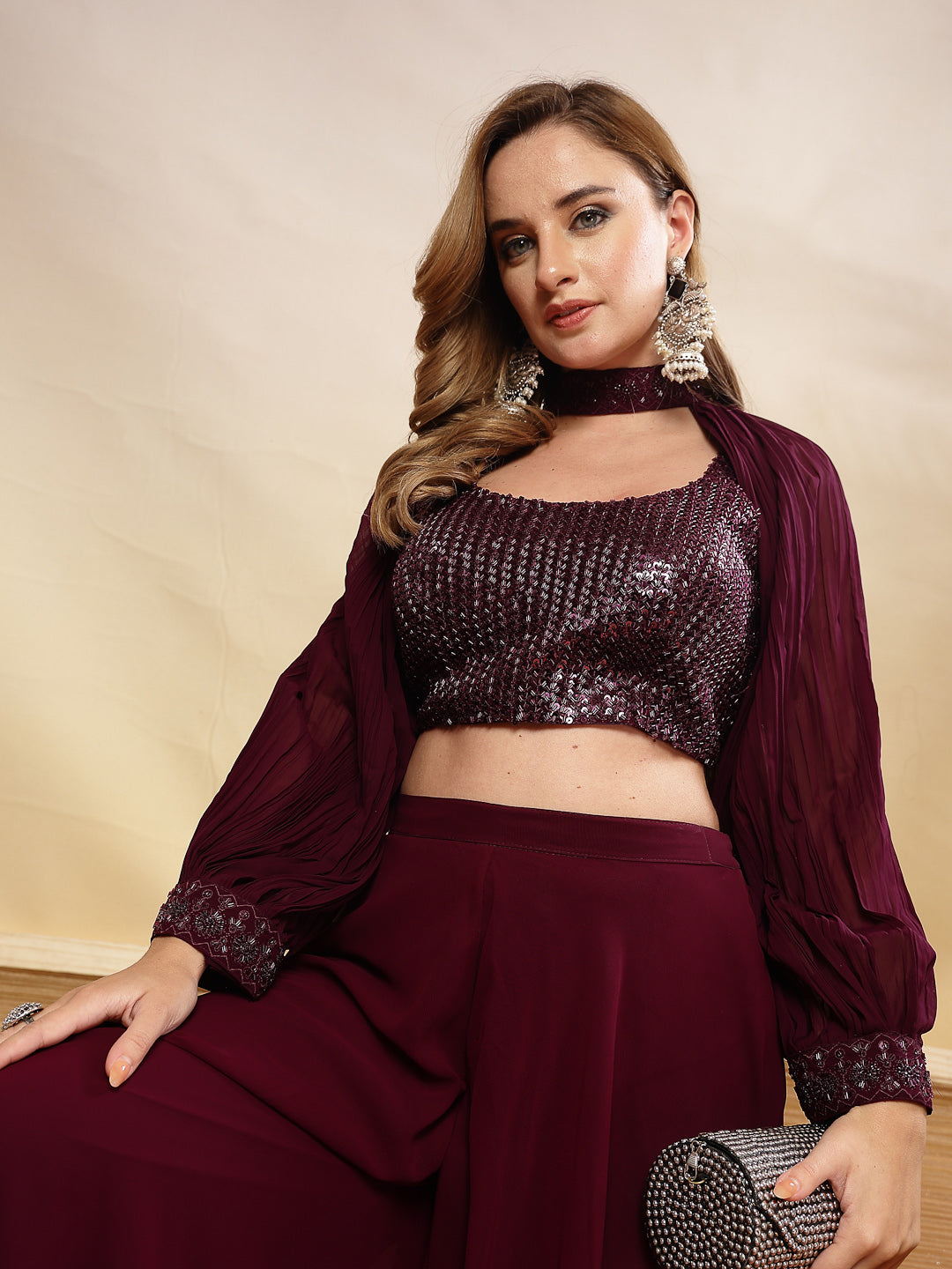 Women's Wine Solid & Embroidered Georgette Co-Ord Set