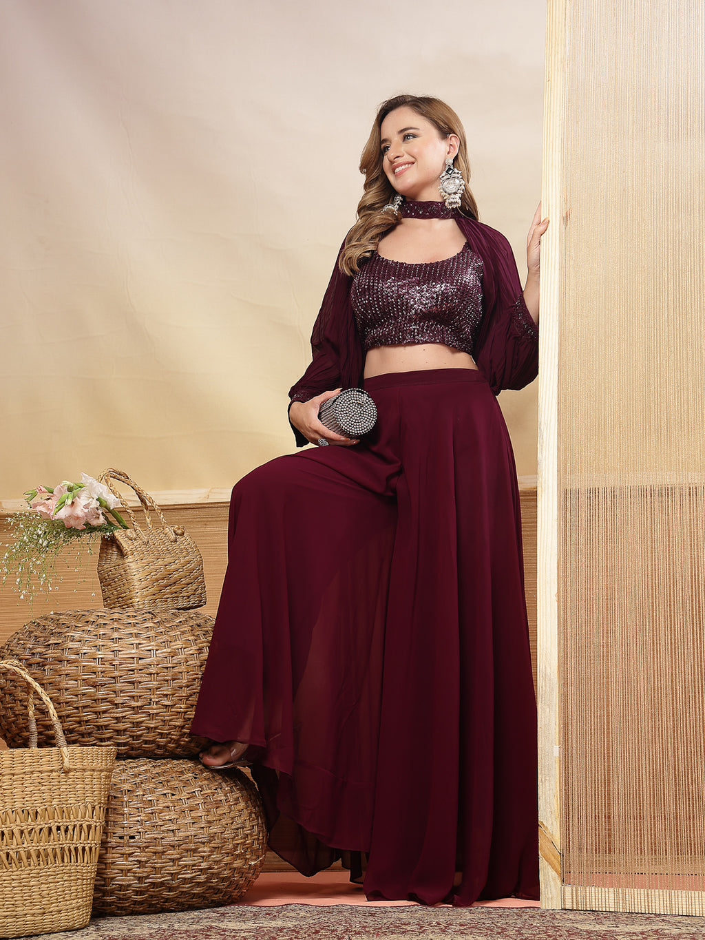 Women's Wine Solid & Embroidered Georgette Co-Ord Set