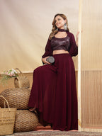 Women's Wine Solid & Embroidered Georgette Co-Ord Set