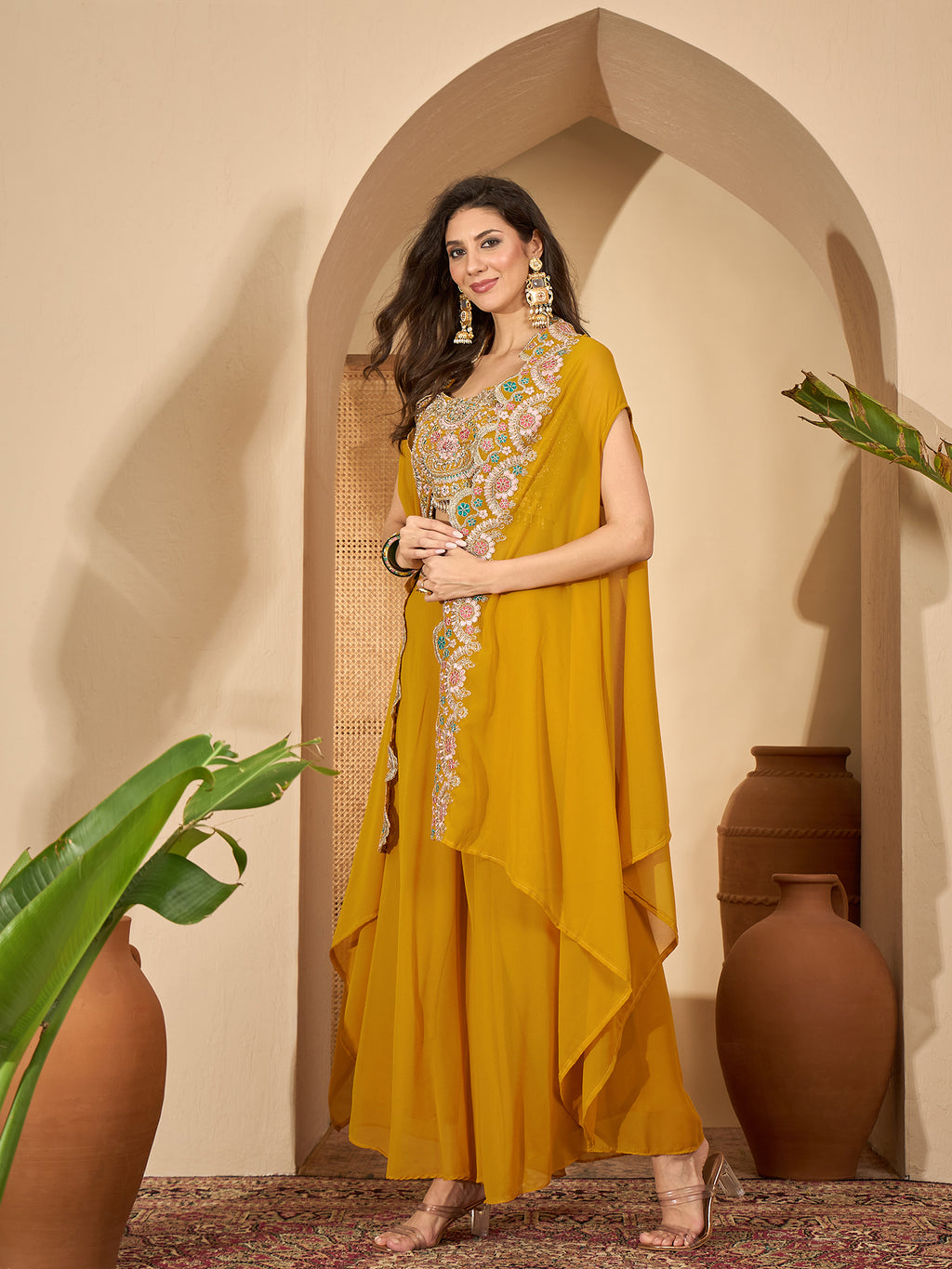 Women's Yellow Solid & Embroidered Georgette Co-Ord Set