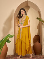 Women's Yellow Solid & Embroidered Georgette Co-Ord Set