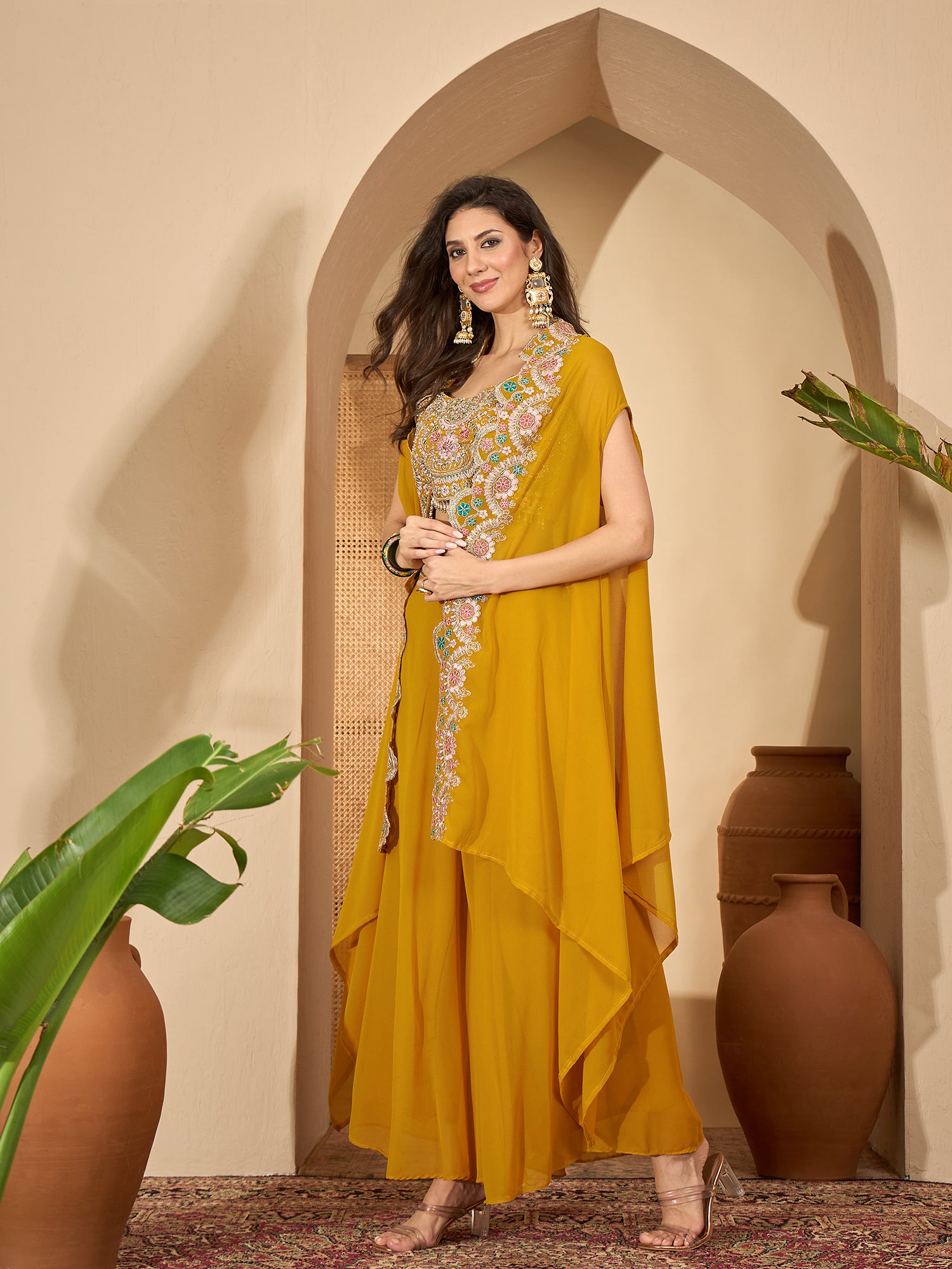 Women's Yellow Solid & Embroidered Georgette Co-Ord Set