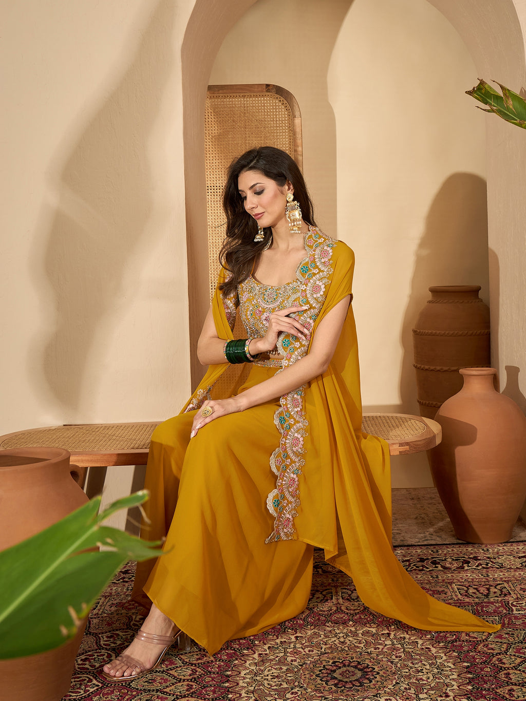 Women's Yellow Solid & Embroidered Georgette Co-Ord Set