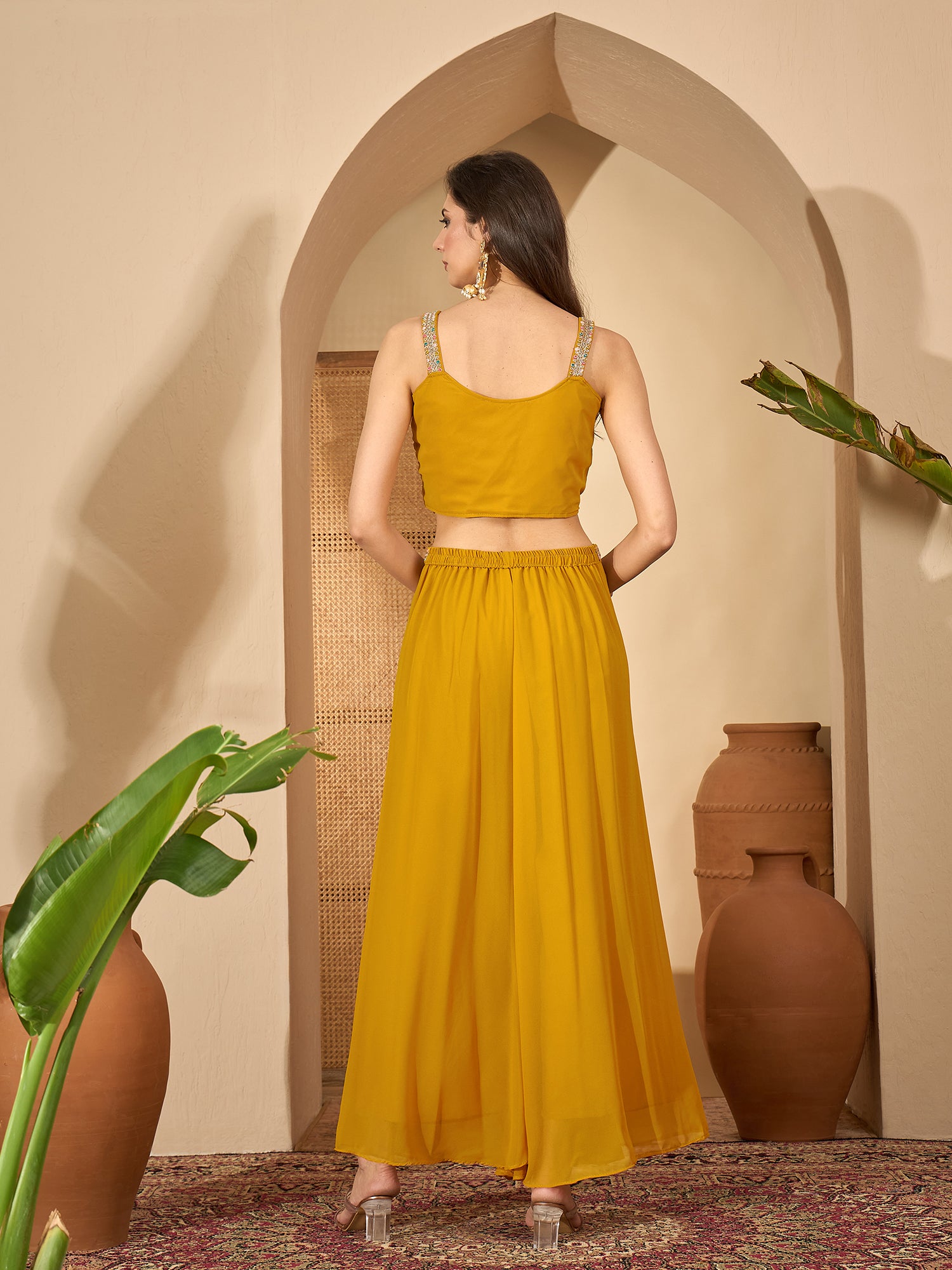 Women's Yellow Solid & Embroidered Georgette Co-Ord Set