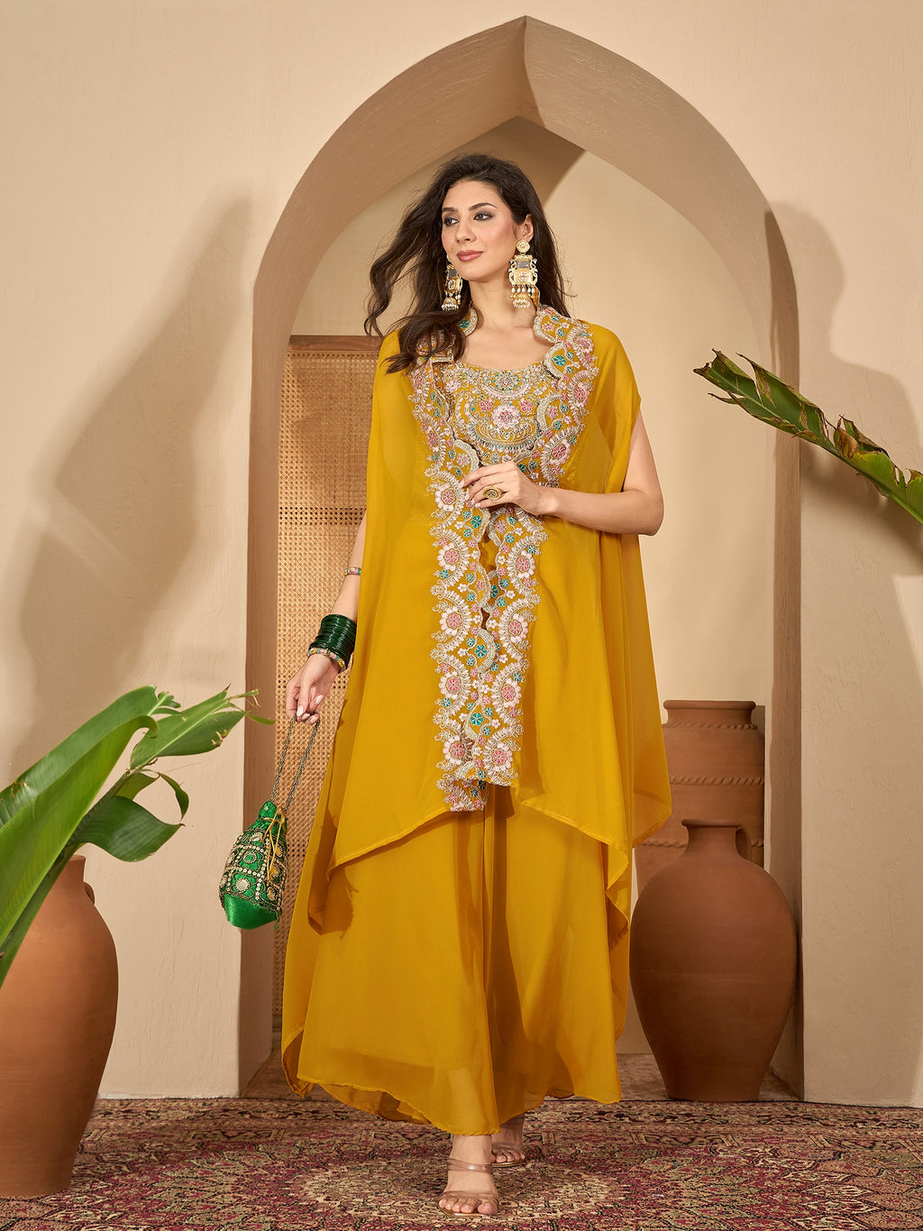 Women's Yellow Solid & Embroidered Georgette Co-Ord Set
