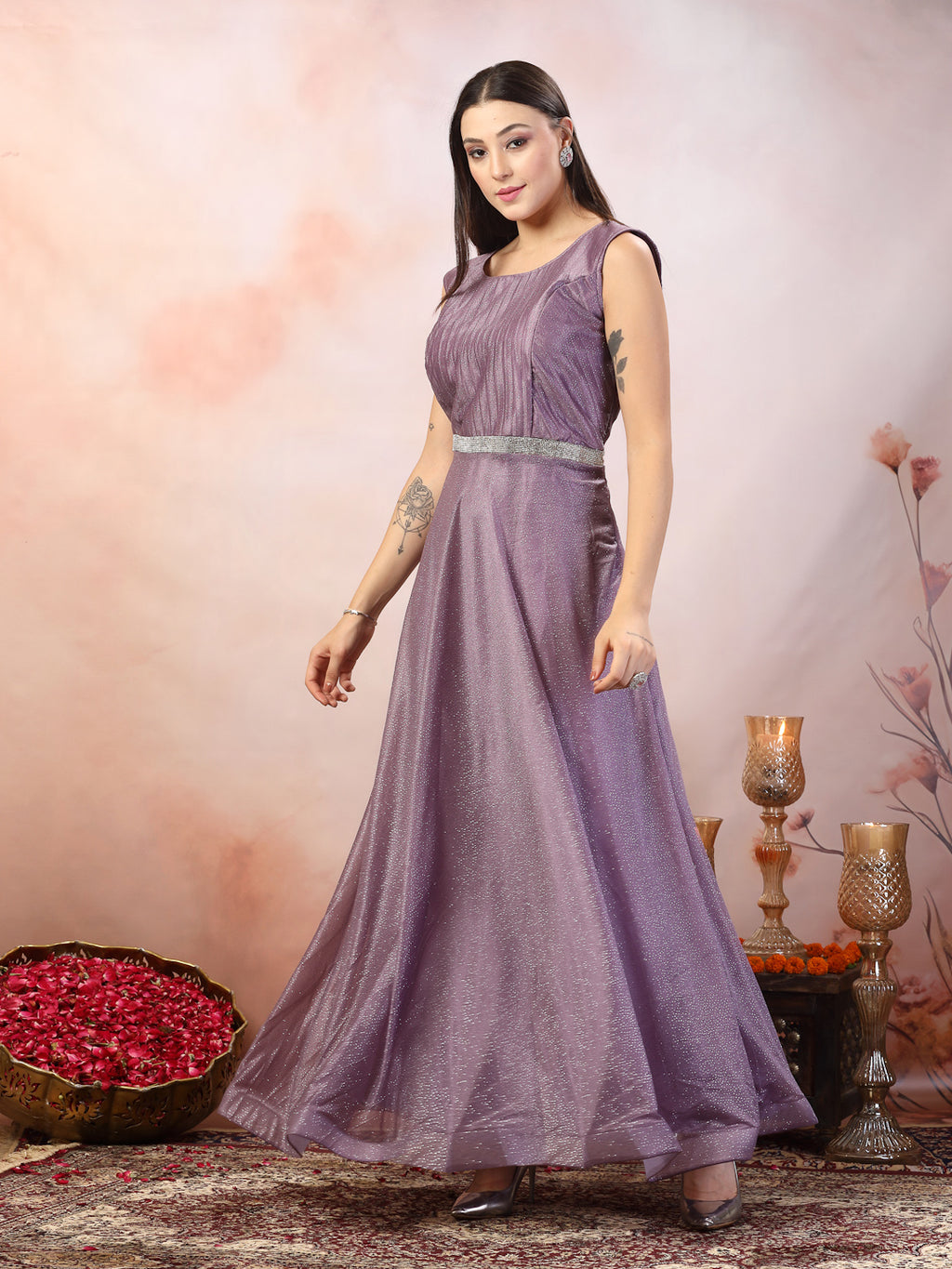 Women's Lavender Party Wear Shimmer Lycra Gown