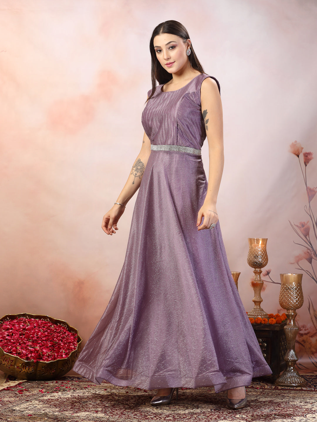 Women's Lavender Party Wear Shimmer Lycra Gown