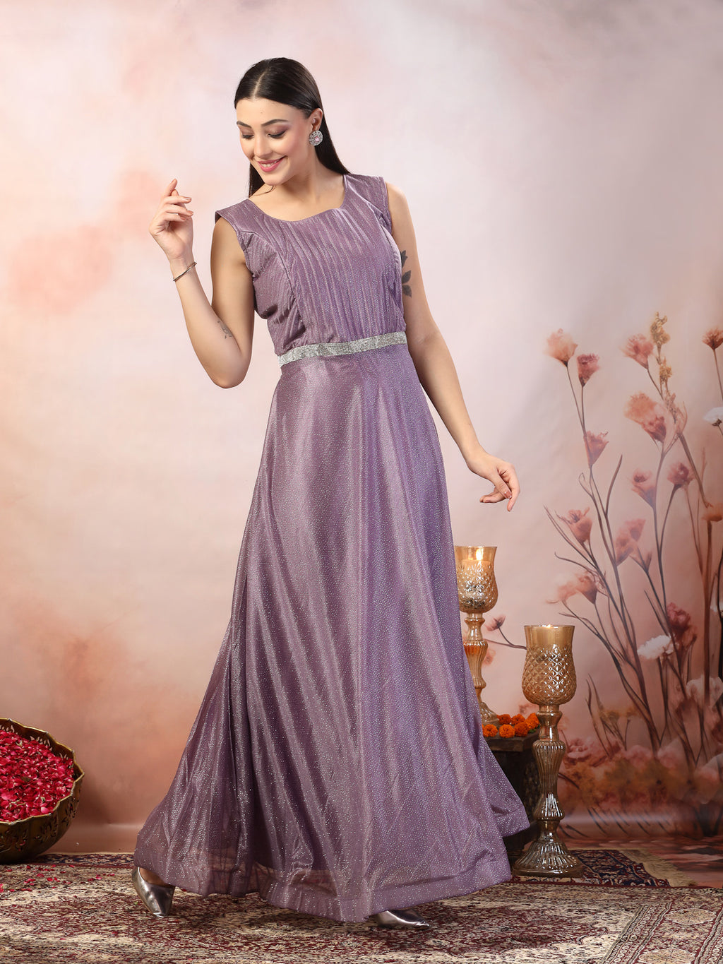 Women's Lavender Party Wear Shimmer Lycra Gown