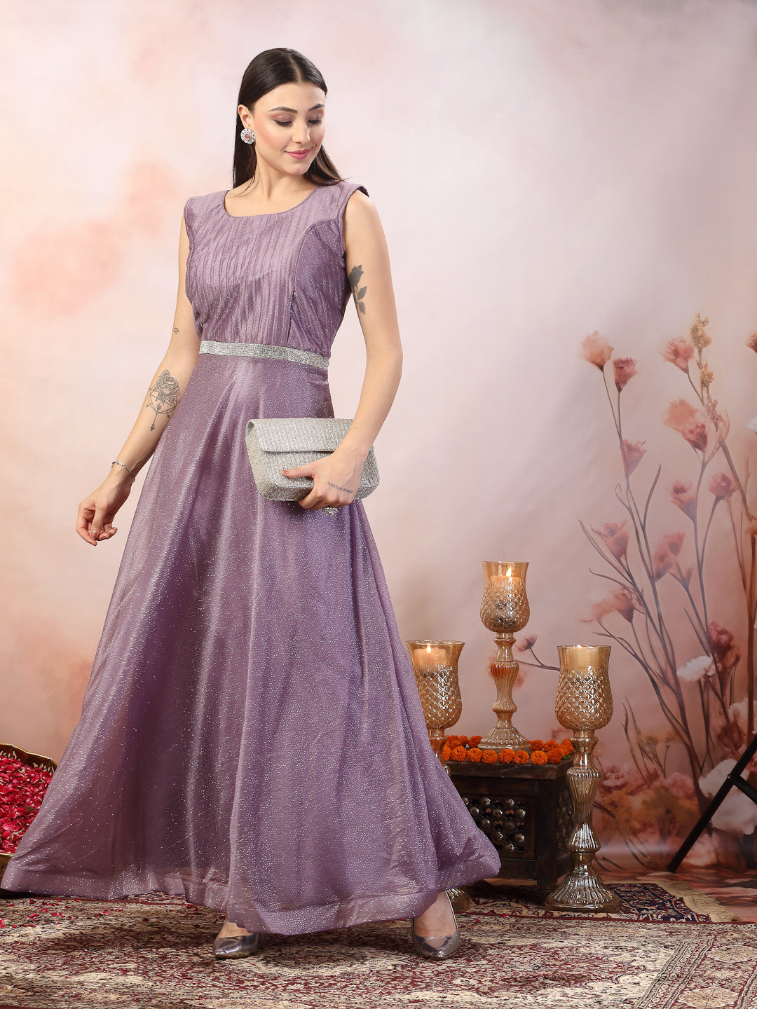 Women's Lavender Party Wear Shimmer Lycra Gown