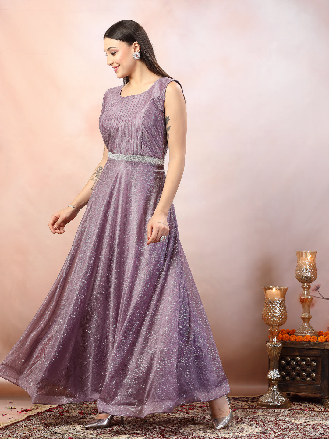 Women's Lavender Party Wear Shimmer Lycra Gown