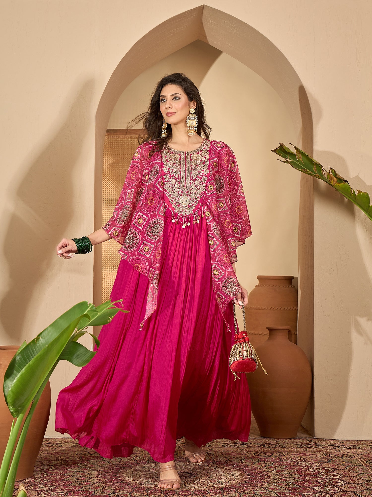 Women's Pink Solid & Embroidered Party Wear Chinon Gown