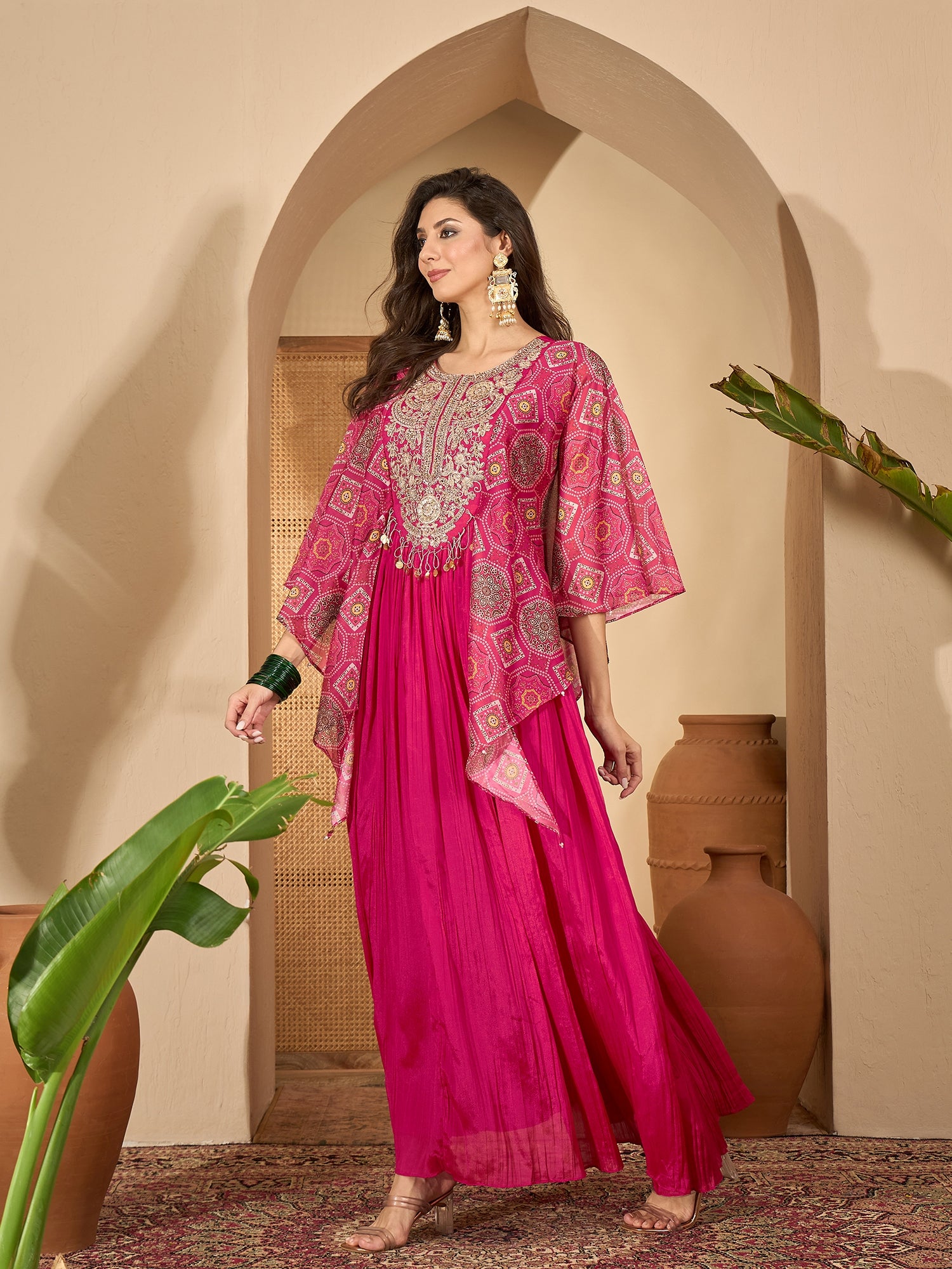 Women's Pink Solid & Embroidered Party Wear Chinon Gown