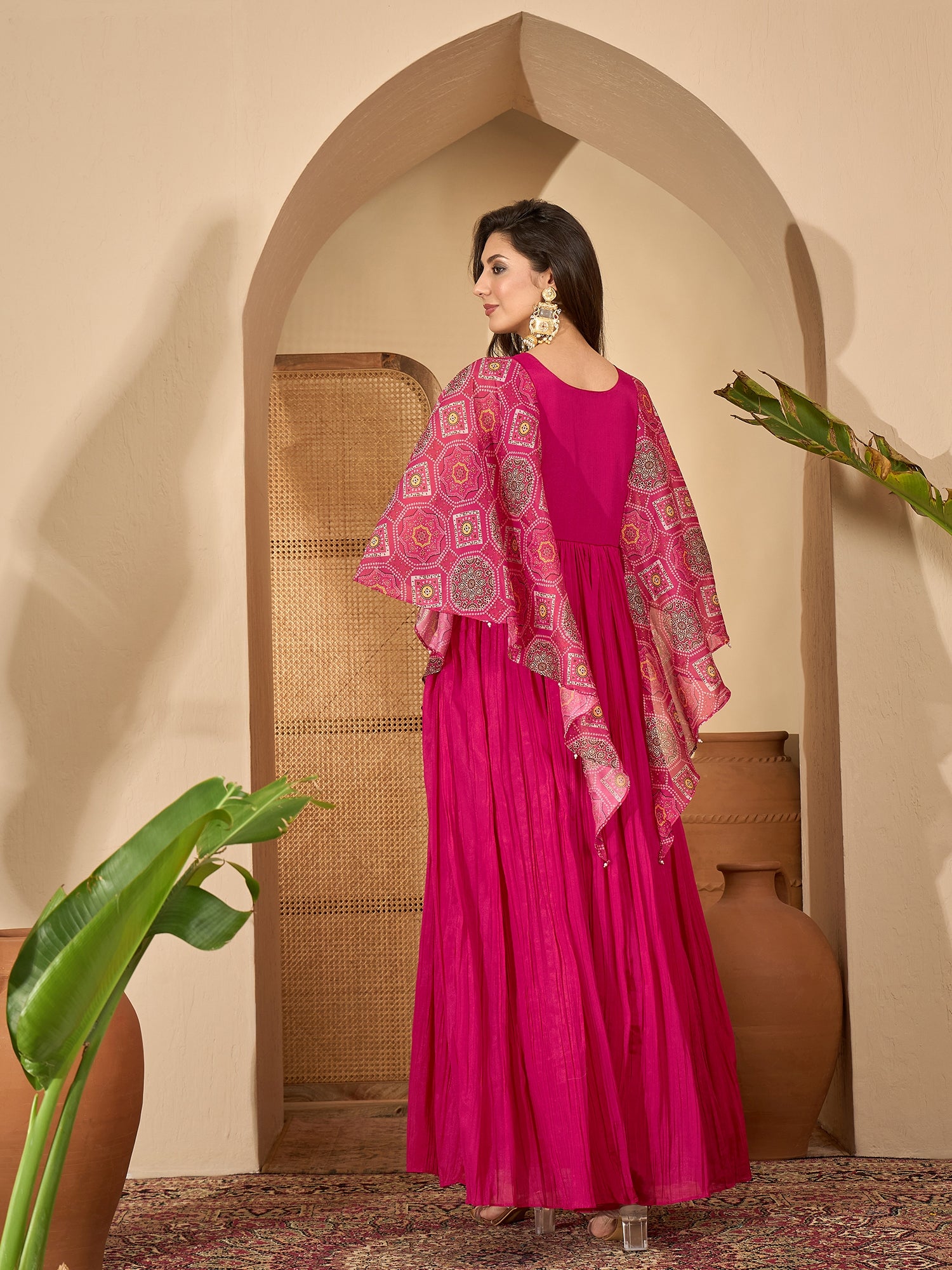 Women's Pink Solid & Embroidered Party Wear Chinon Gown