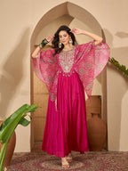 Women's Pink Solid & Embroidered Party Wear Chinon Gown