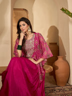 Women's Pink Solid & Embroidered Party Wear Chinon Gown