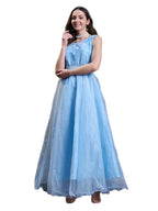 Women's Sky Blue Solid & Embroidered Party Wear Satin Gown