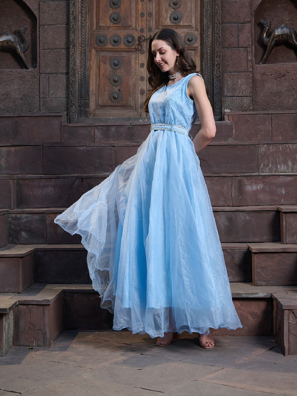 Women's Sky Blue Solid & Embroidered Party Wear Satin Gown