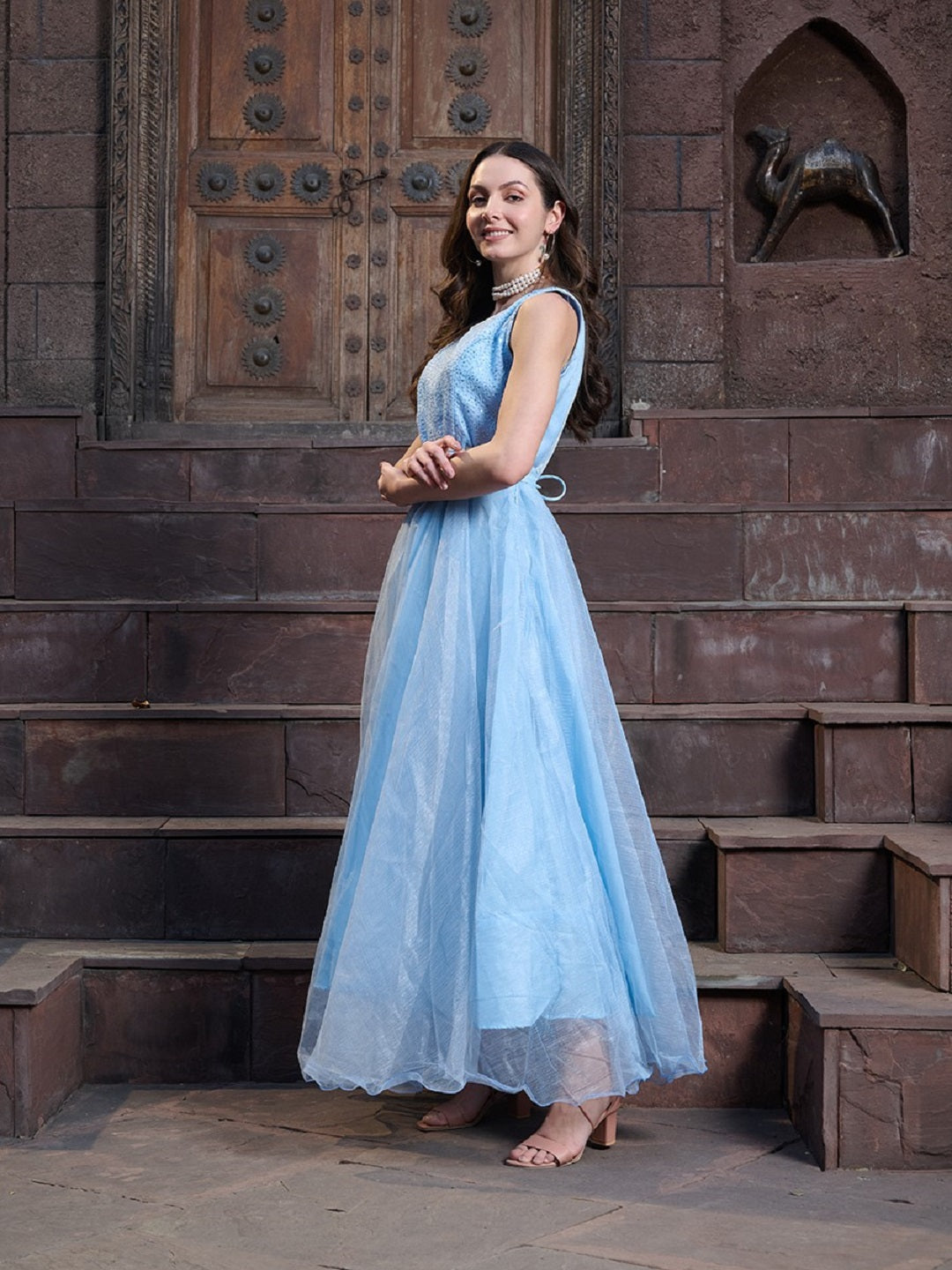 Women's Sky Blue Solid & Embroidered Party Wear Satin Gown