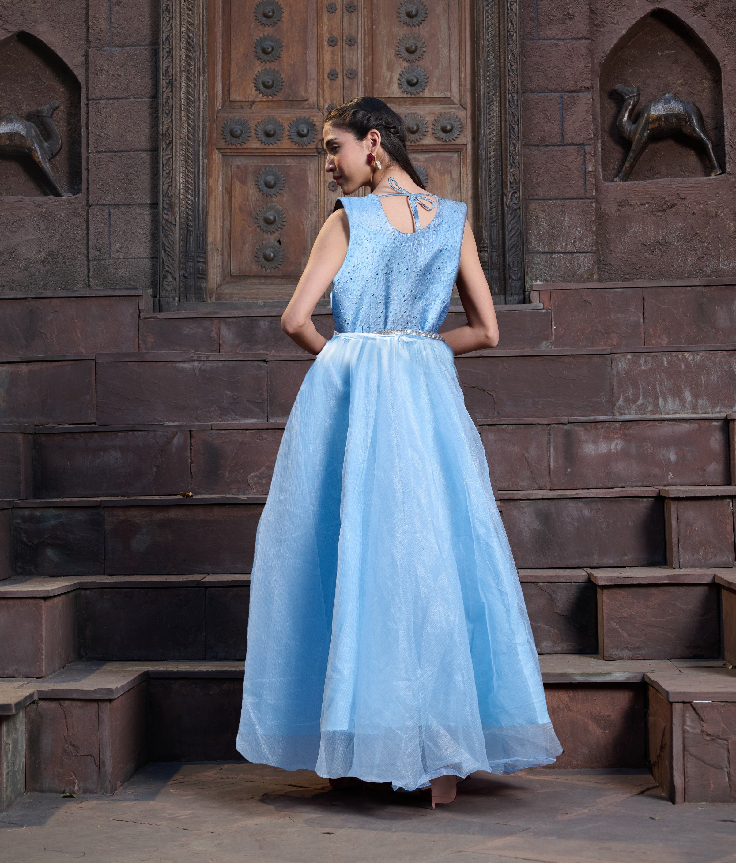 Women's Sky Blue Solid & Embroidered Party Wear Satin Gown