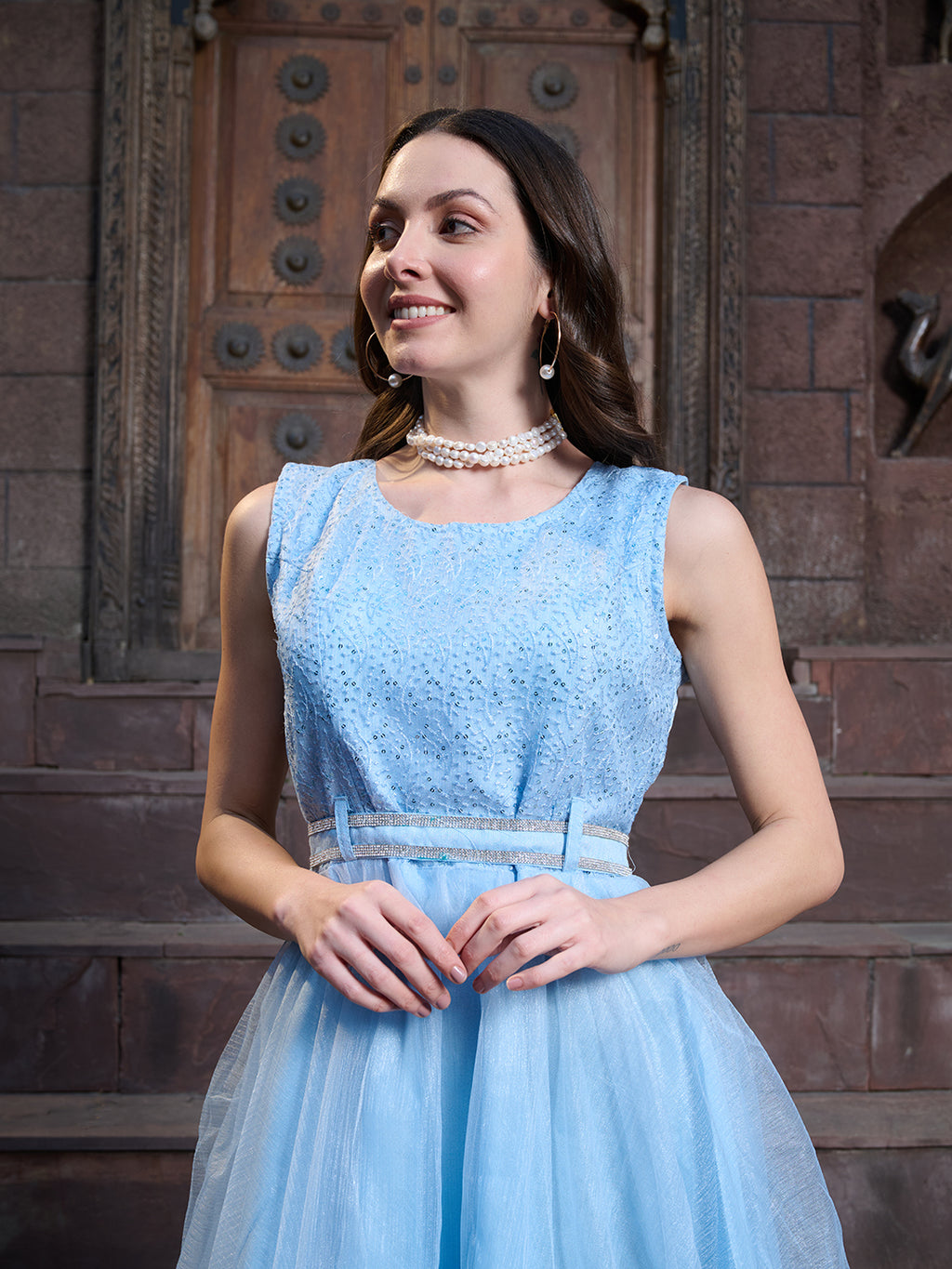 Women's Sky Blue Solid & Embroidered Party Wear Satin Gown