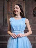 Women's Sky Blue Solid & Embroidered Party Wear Satin Gown