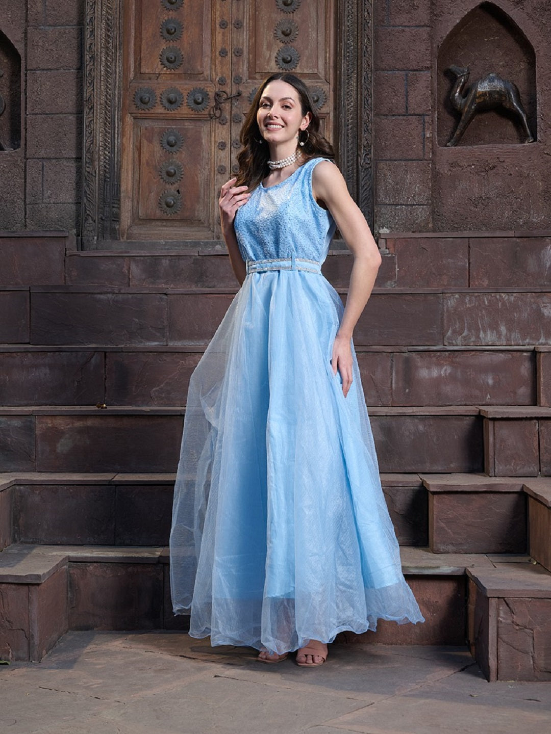 Women's Sky Blue Solid & Embroidered Party Wear Satin Gown