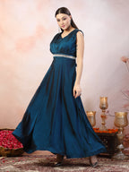 Women's Teal Solid Party Wear Satin Gown