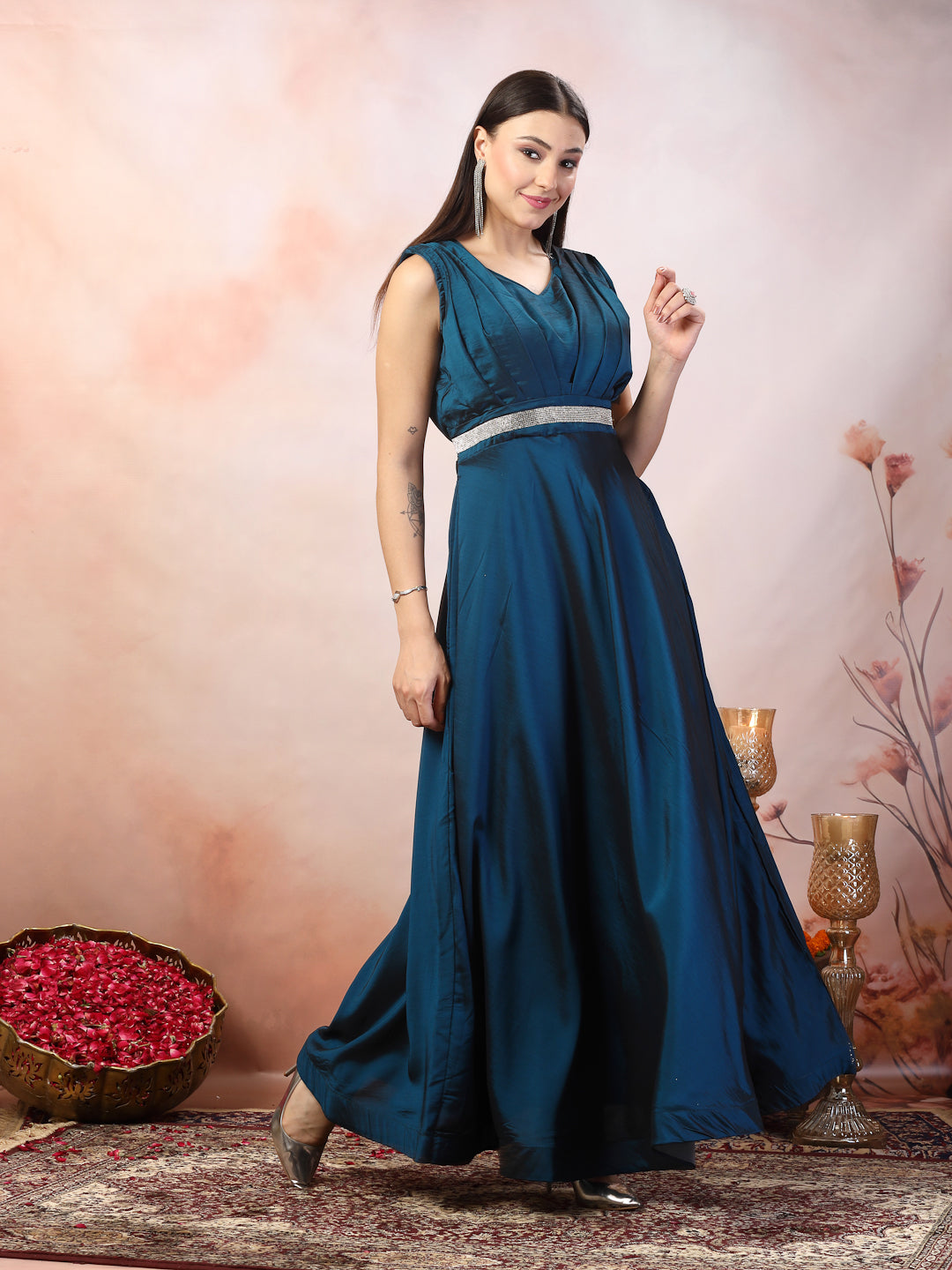Women's Teal Solid Party Wear Satin Gown