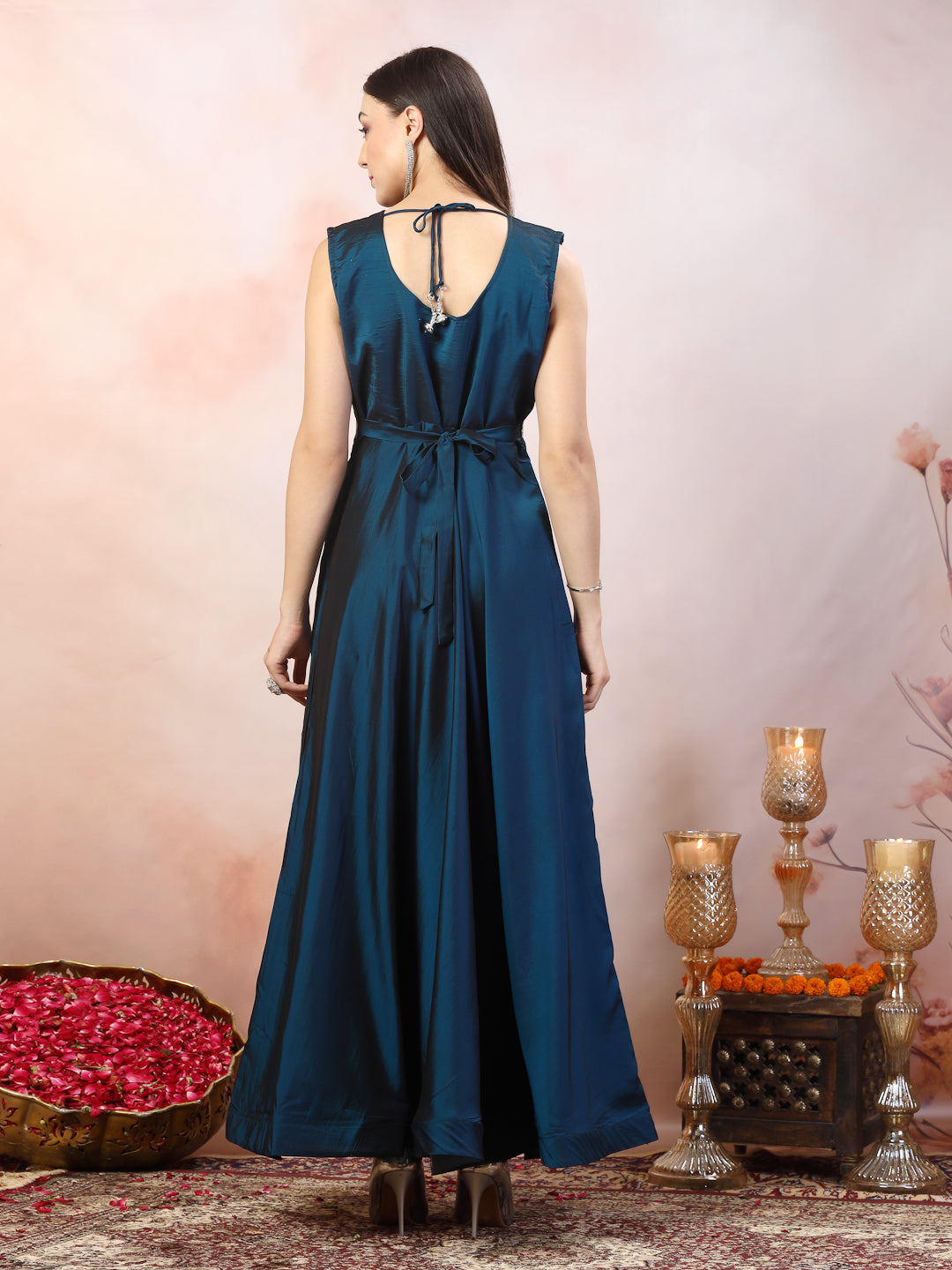 Women's Teal Solid Party Wear Satin Gown