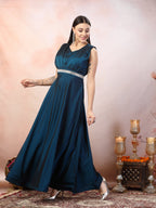 Women's Teal Solid Party Wear Satin Gown