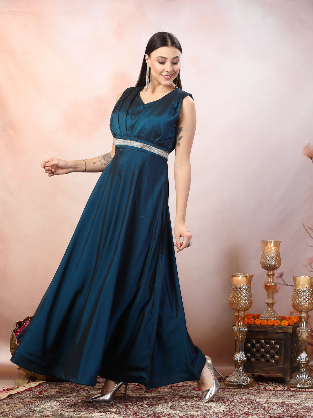 Women's Teal Solid Party Wear Satin Gown