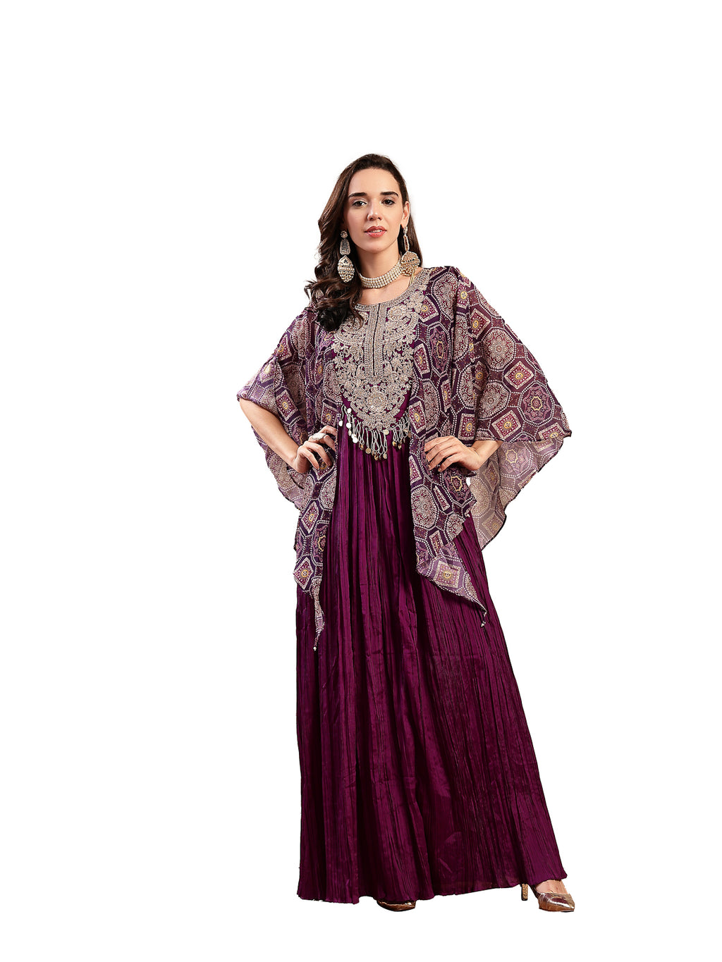 Women's Violet Solid & Embroidered Party Wear Chinon Gown