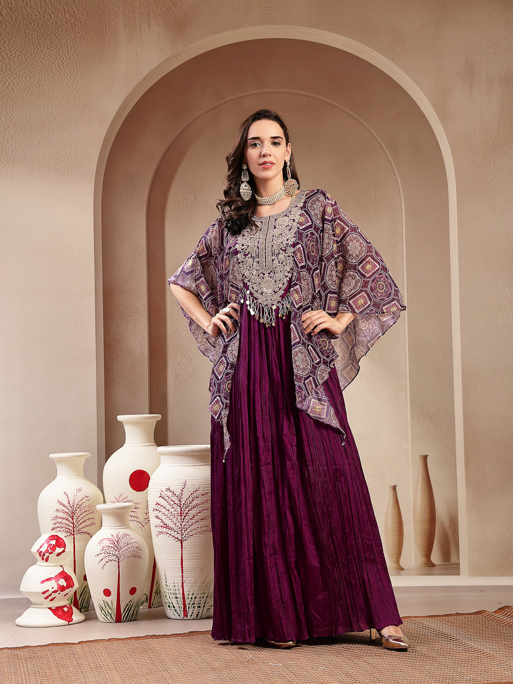 Women's Violet Solid & Embroidered Party Wear Chinon Gown