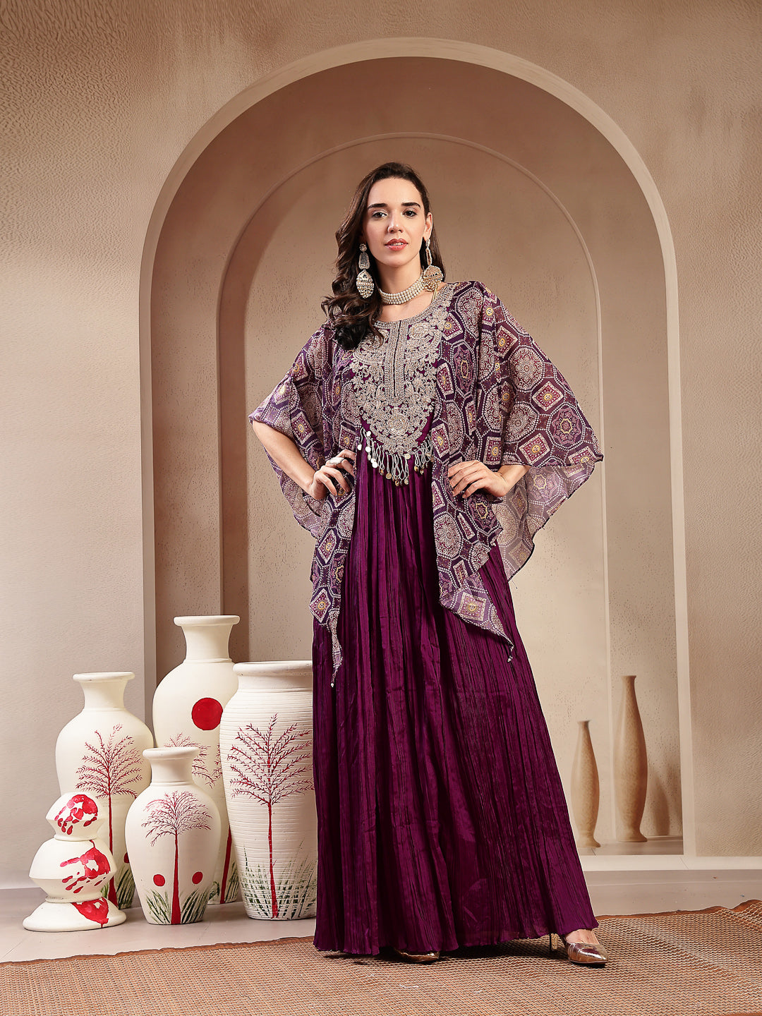 Women's Violet Solid & Embroidered Party Wear Chinon Gown