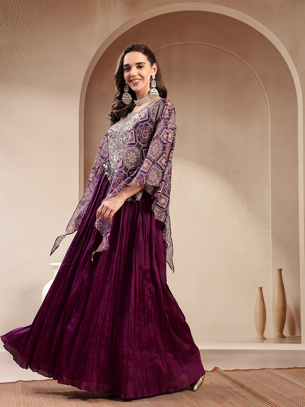 Women's Violet Solid & Embroidered Party Wear Chinon Gown