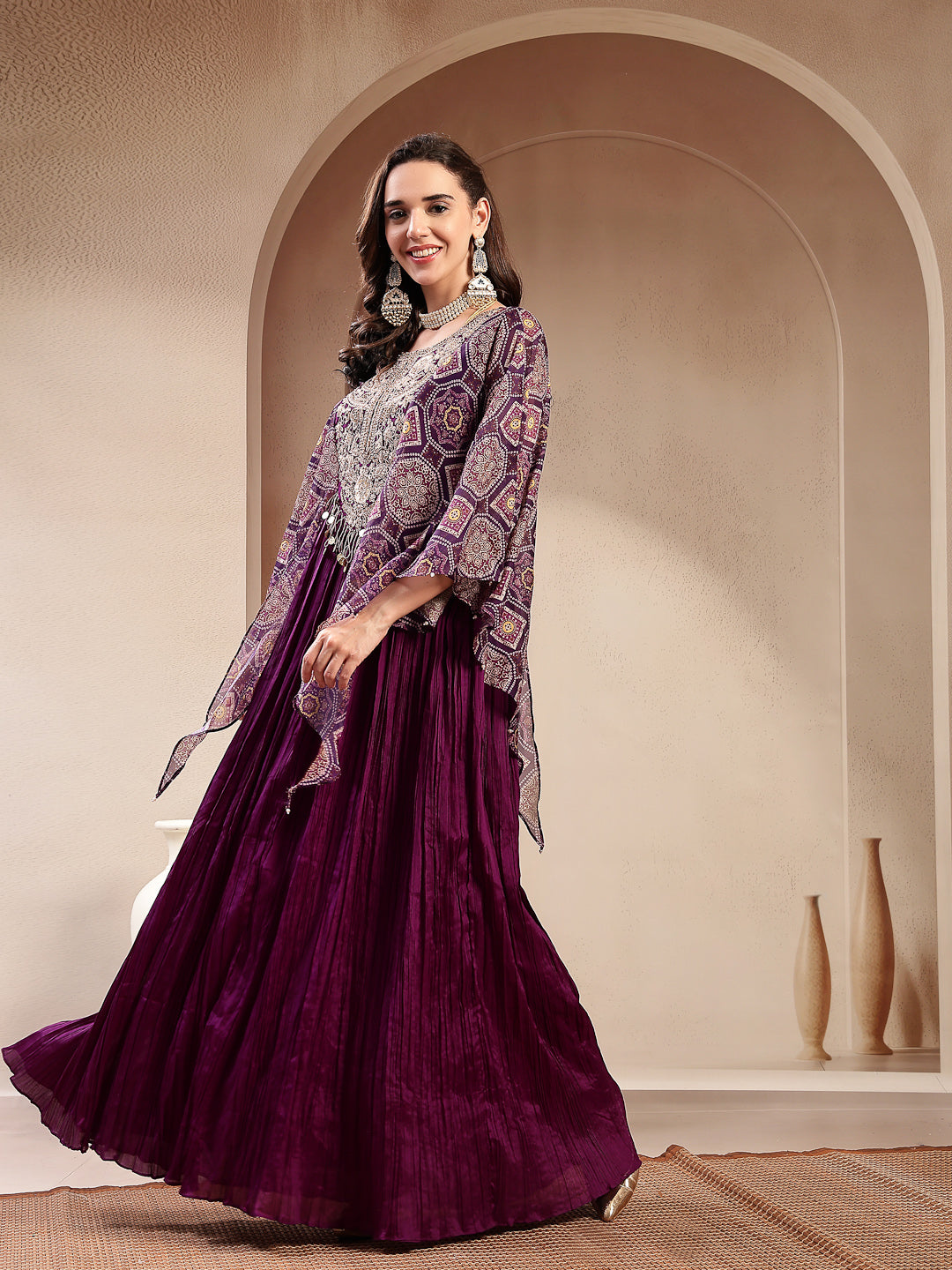 Women's Violet Solid & Embroidered Party Wear Chinon Gown