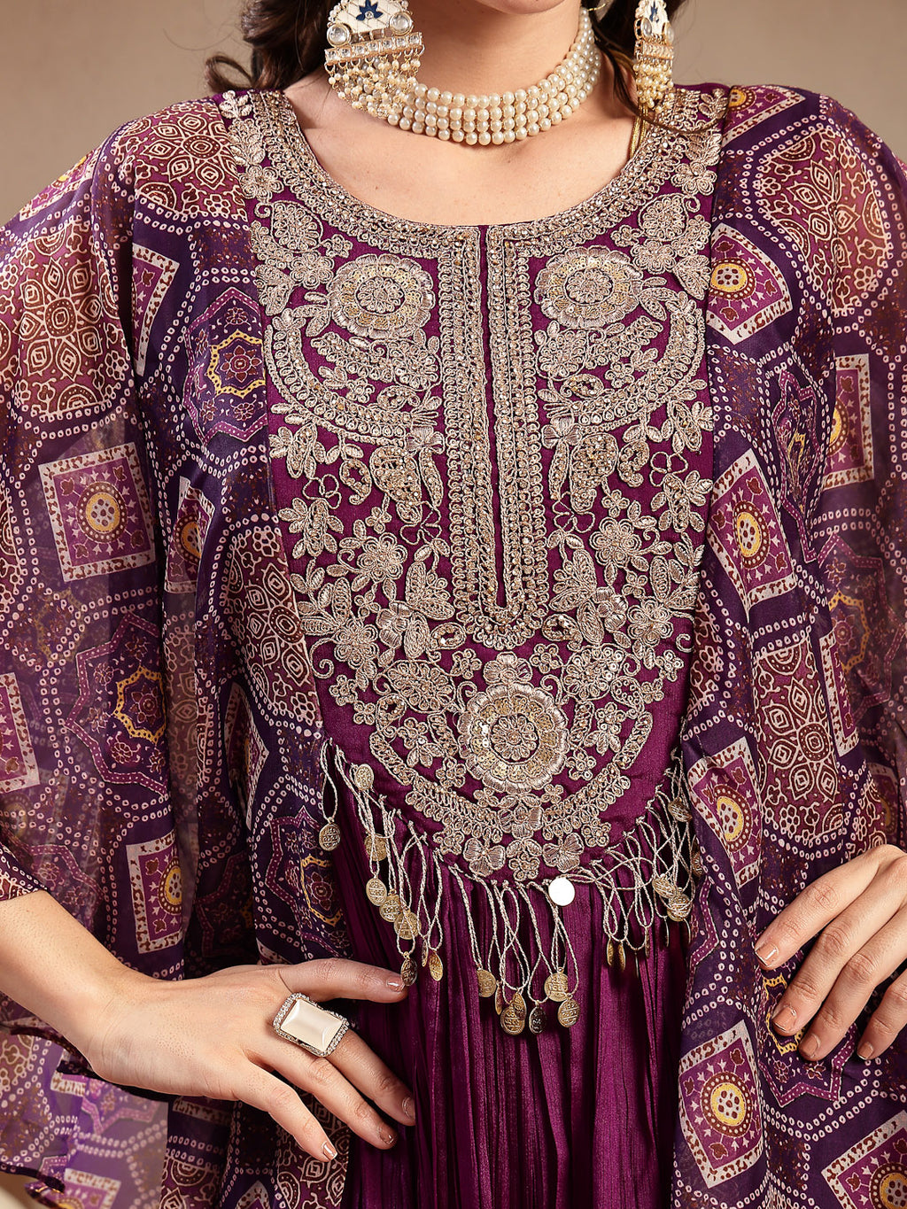 Women's Violet Solid & Embroidered Party Wear Chinon Gown