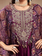 Women's Violet Solid & Embroidered Party Wear Chinon Gown