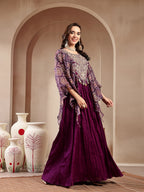 Women's Violet Solid & Embroidered Party Wear Chinon Gown