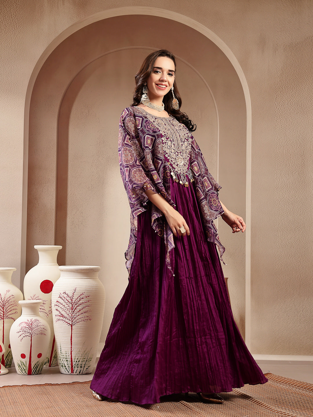 Women's Violet Solid & Embroidered Party Wear Chinon Gown