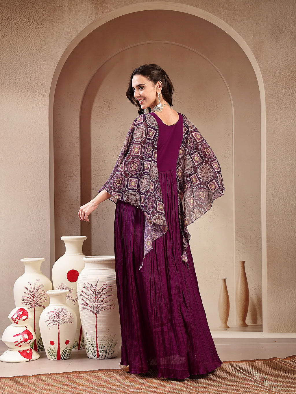 Women's Violet Solid & Embroidered Party Wear Chinon Gown