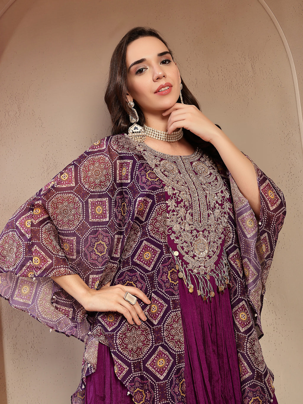 Women's Violet Solid & Embroidered Party Wear Chinon Gown