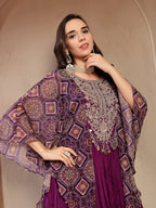 Women's Violet Solid & Embroidered Party Wear Chinon Gown