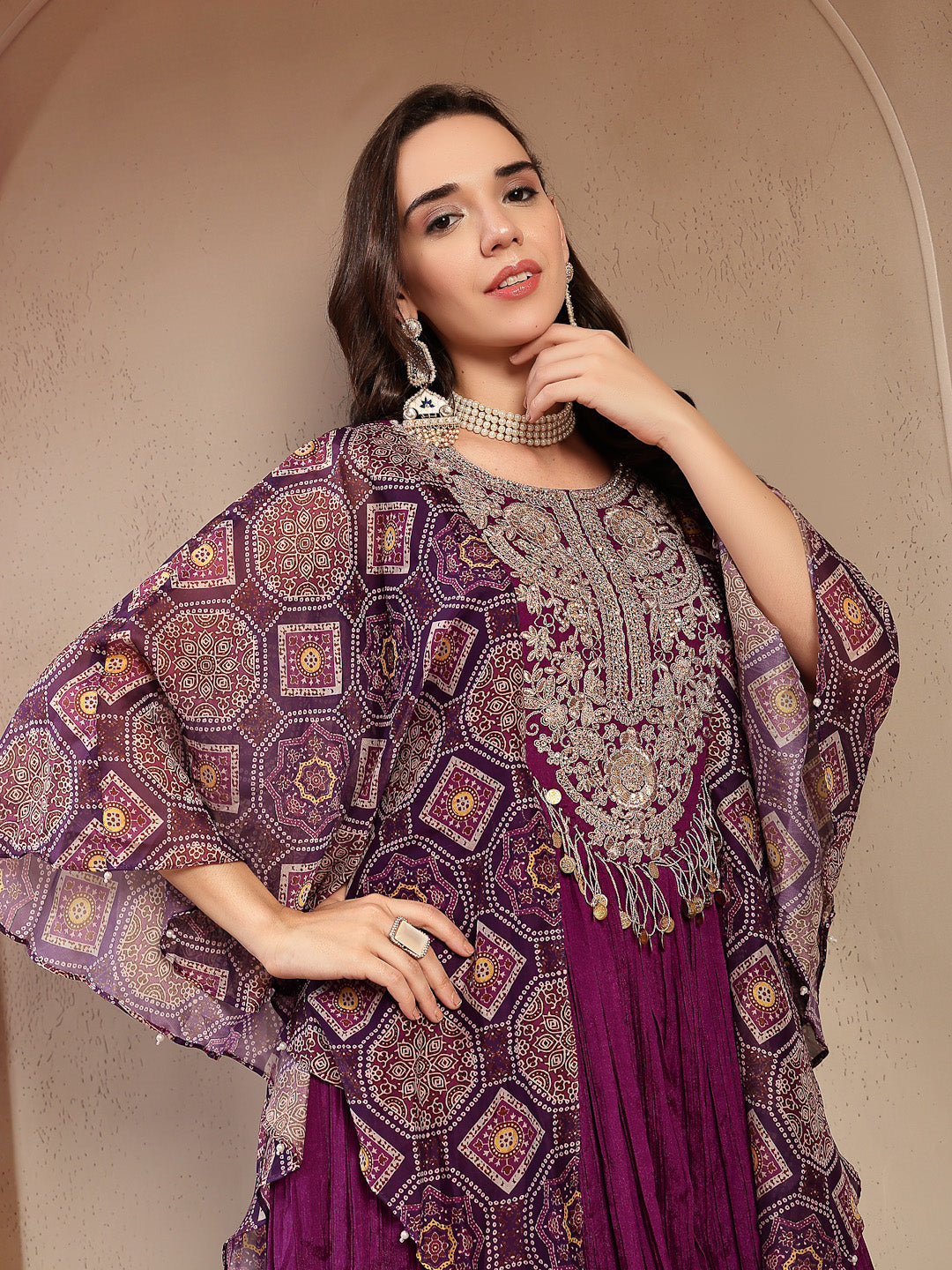 Women's Violet Solid & Embroidered Party Wear Chinon Gown