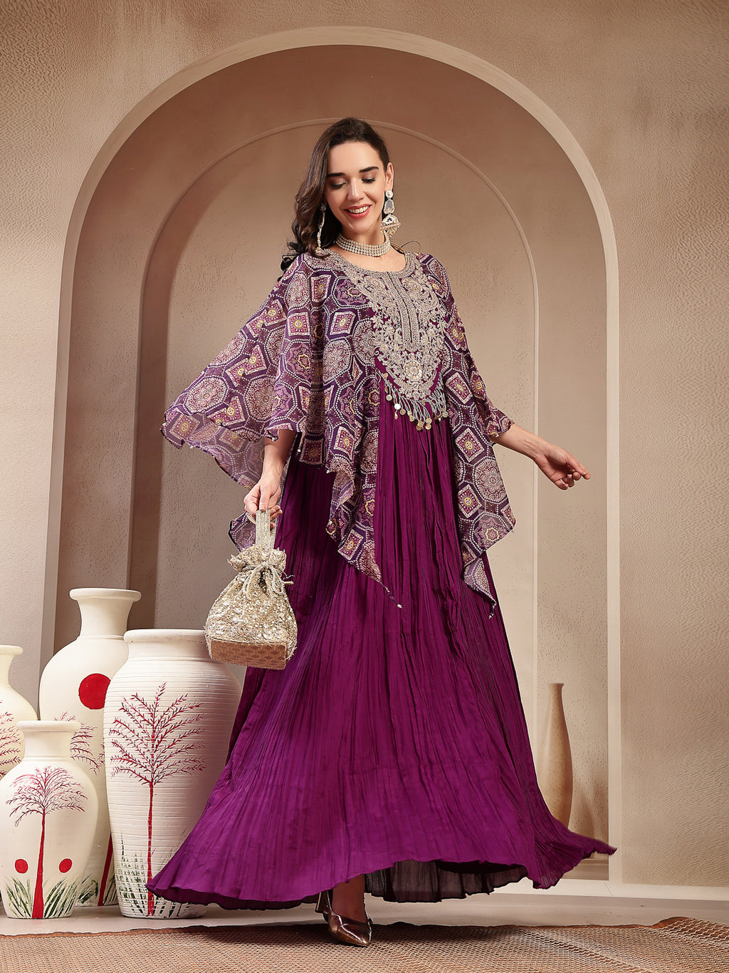 Women's Violet Solid & Embroidered Party Wear Chinon Gown