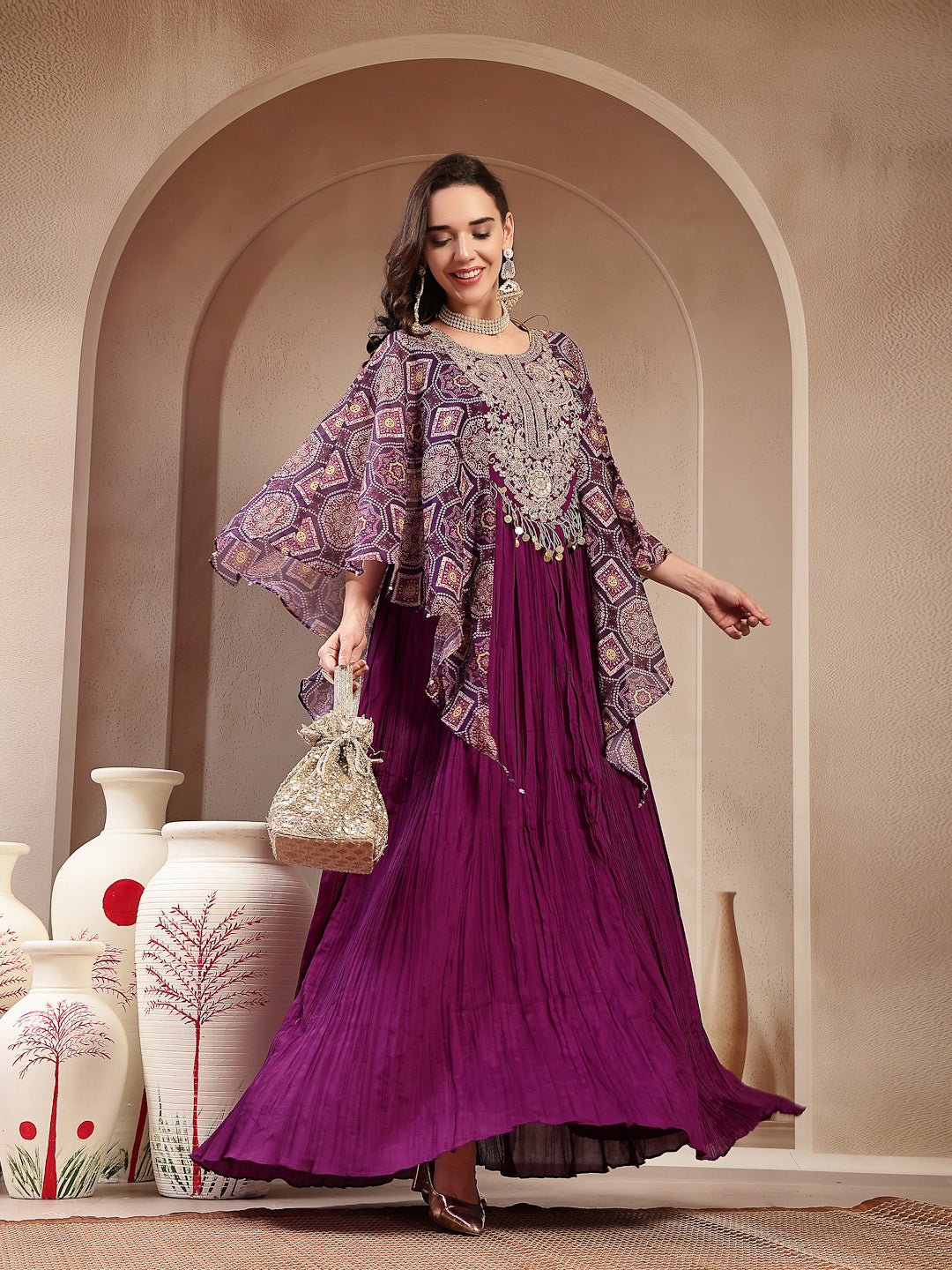 Women's Violet Solid & Embroidered Party Wear Chinon Gown